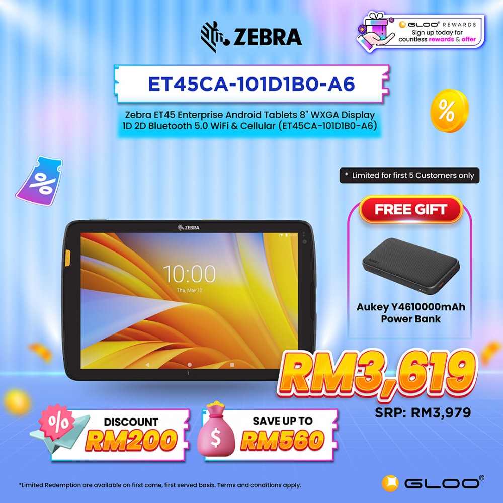 Zebra ET45 Enterprise Android Tablets 8" WXGA Display 1D 2D Bluetooth 5.0 WiFi & Cellular (ET45CA-101D1B0-A6)