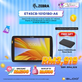 Zebra ET45 Enterprise Android Tablets 10.1" WUXGA Display 1D 2D Bluetooth 5.0 WiFi & Cellular (ET45CB-101D1B0-A6)