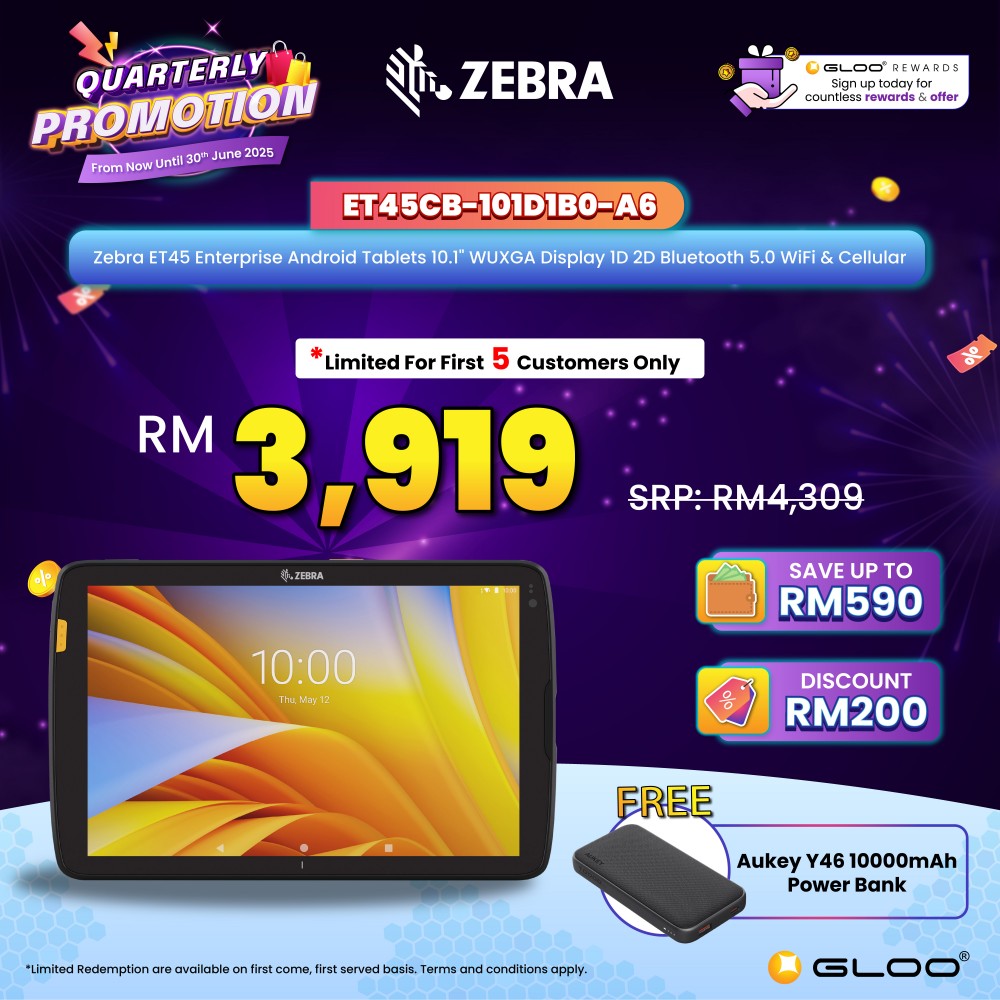 Zebra ET45 Enterprise Android Tablets 10.1" WUXGA Display 1D 2D Bluetooth 5.0 WiFi & Cellular (ET45CB-101D1B0-A6)