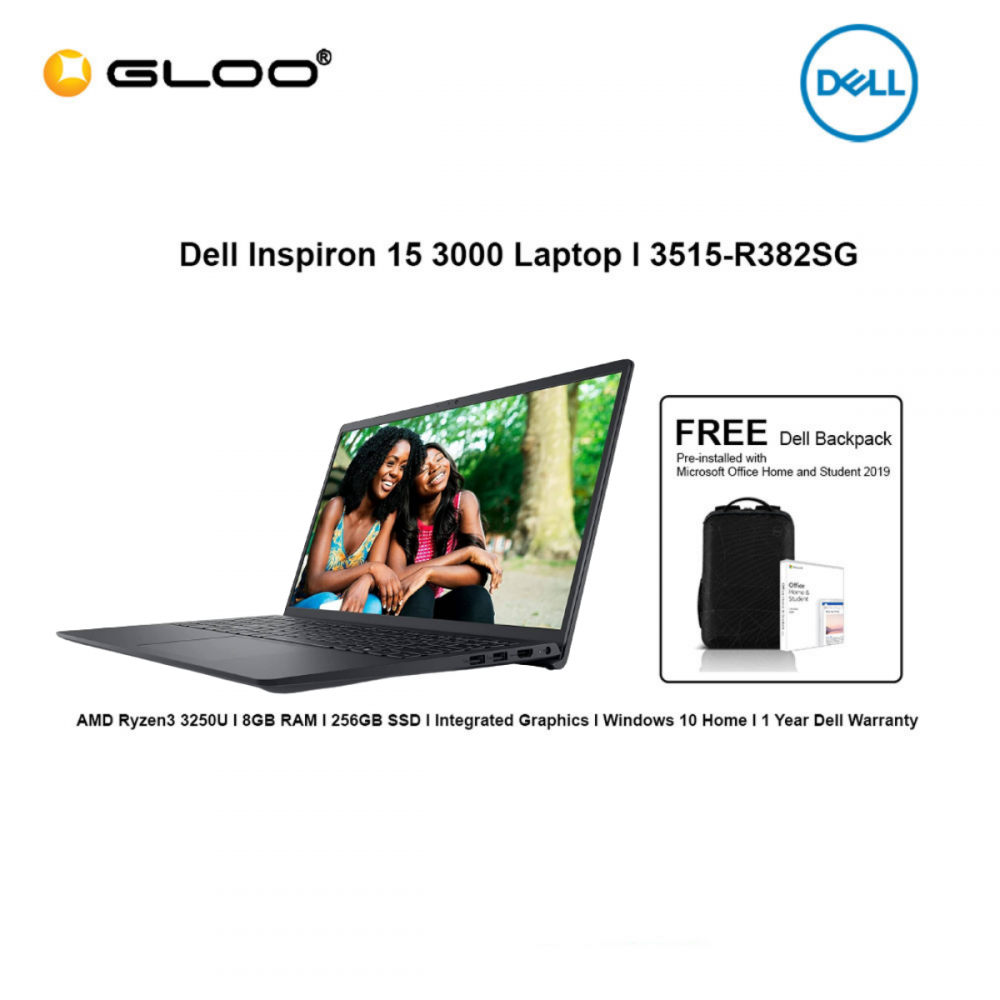 Dell Inspiron 3515-R382SG Laptop (AMD Ryzen3 3250U,8GB,256GB SSD,Integrated,H&S,W10H,15.6"FHD,Black,1Yr) [FREE] Dell Backpack + Pre-installed with Microsoft Office Home and Student 2019+Shield Care 1Y EW