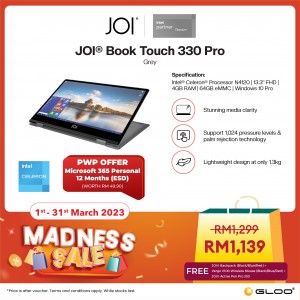 JOI Book Touch 330 Pro (N4120, 4GB + 64GB, 13.3” FHD, W10Pro) {Free 256GB SSD + Active Pen Pro 330 + JOI backpack}