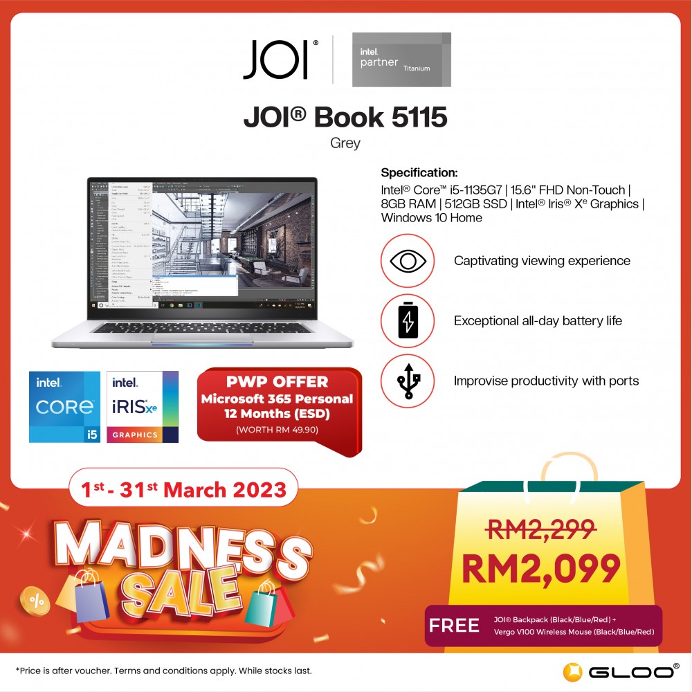 JOI Book 5115 (i5-1135G7/8GB/512GB SSD/W10H/15.6"/Non-Touch/Gray) Free JOI Backpack
