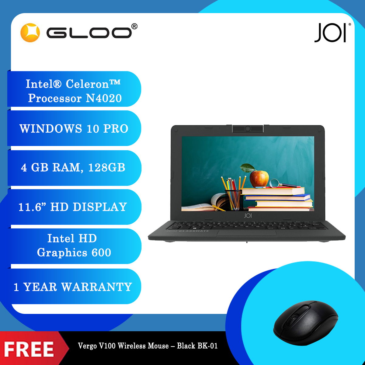 JOI Classmate 10 (Celeron N4020,4GB,128GB eMMC,Intel UHD Graphics 600,11.6 Inches HD,W10 Pro,Grey) + Vergo V100 Wireless Mouse  Black BK-01