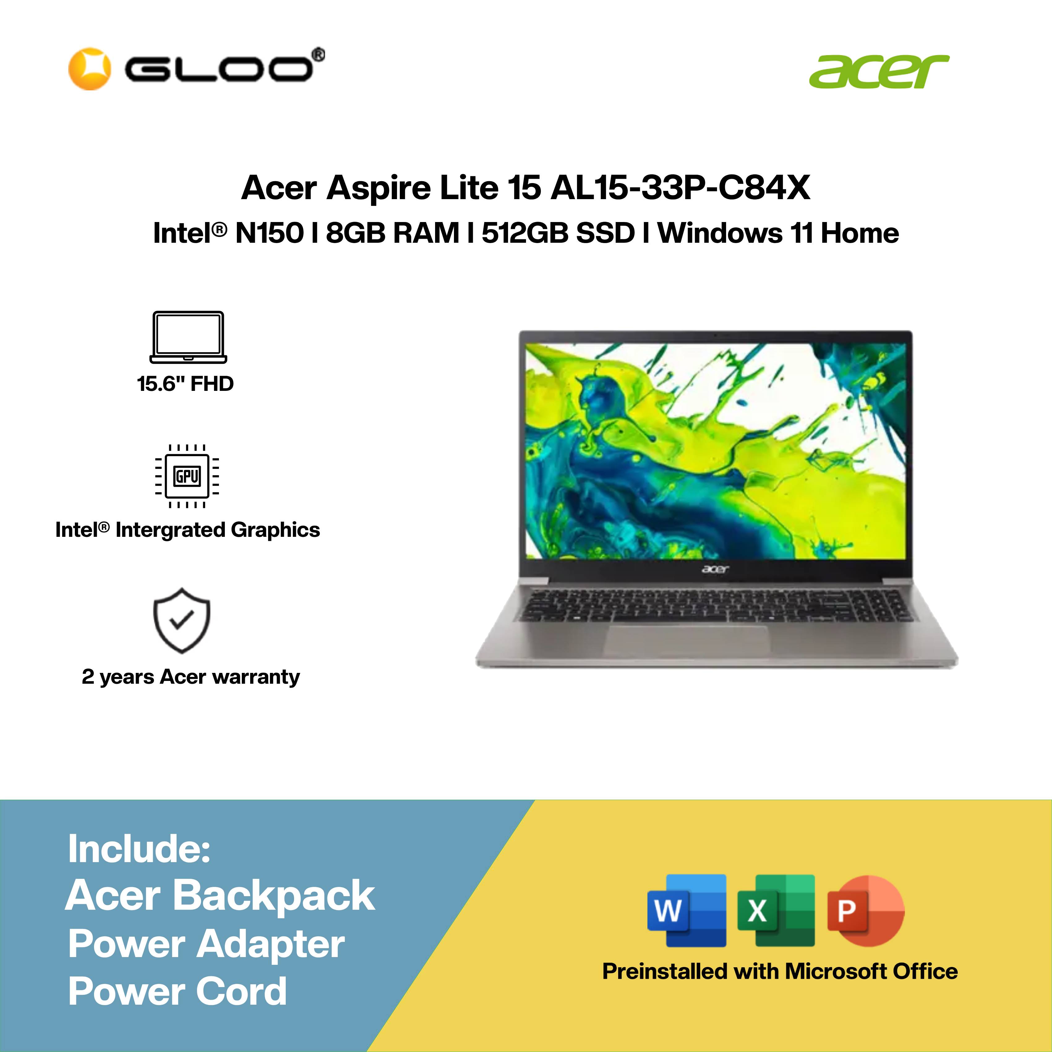 Acer Aspire Lite 15 AL15-33P-C84X Laptop (Intel??® N150 | 15.6"FHD | 8GB RAM | 512GB SSD | Intel??® Intergrated Graphics | Windows 11 Home | Microsoft Office Home & Student 2024 + Microsoft 365 Basic)