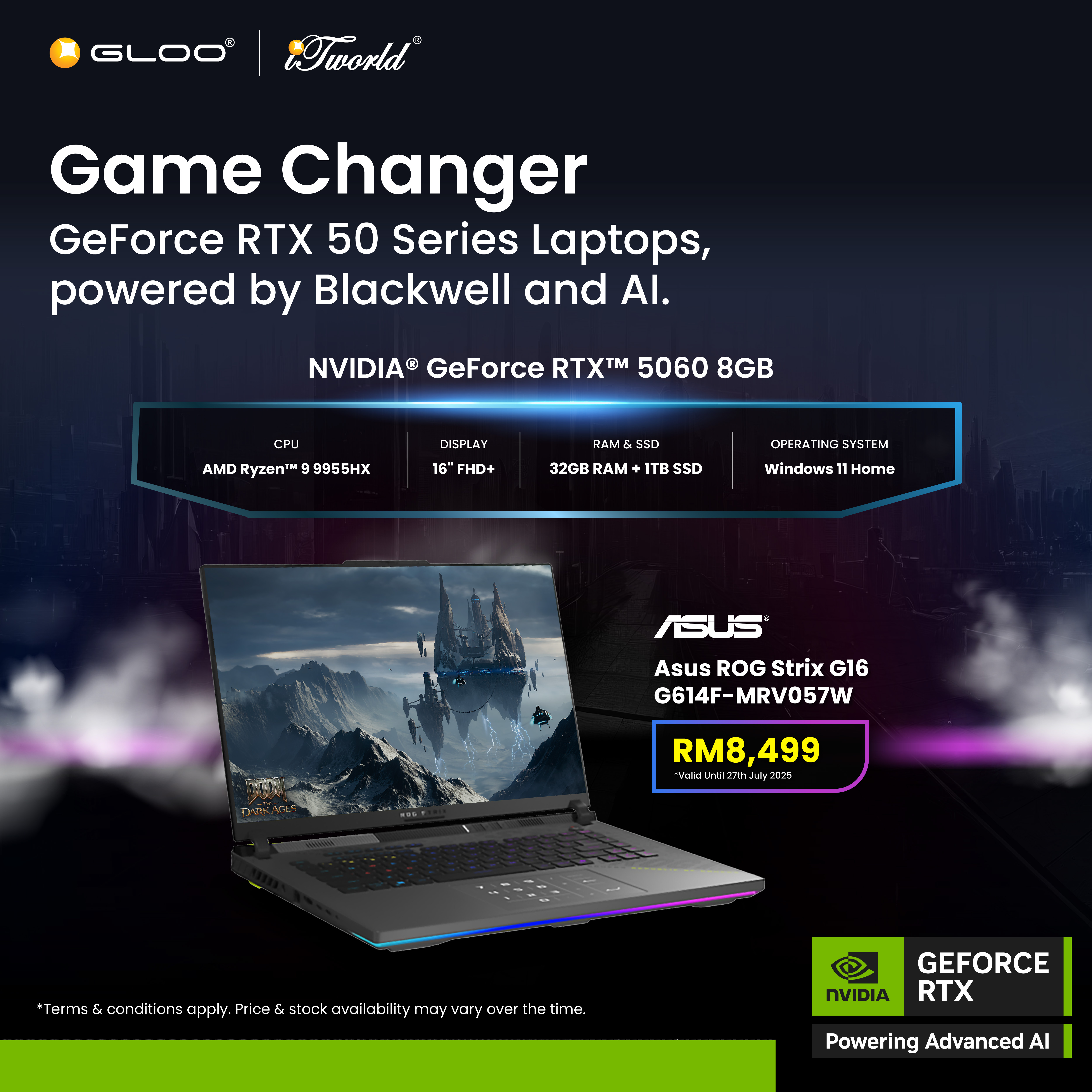 ASUS ROG Strix G16 G614F-MRV057W Gaming Laptop (AMD Ryzen 9 9955HX|16” FHD+| 32GB RAM | 1TB SSD | NVIDIA RTX 5060 | Windows 11 Home)