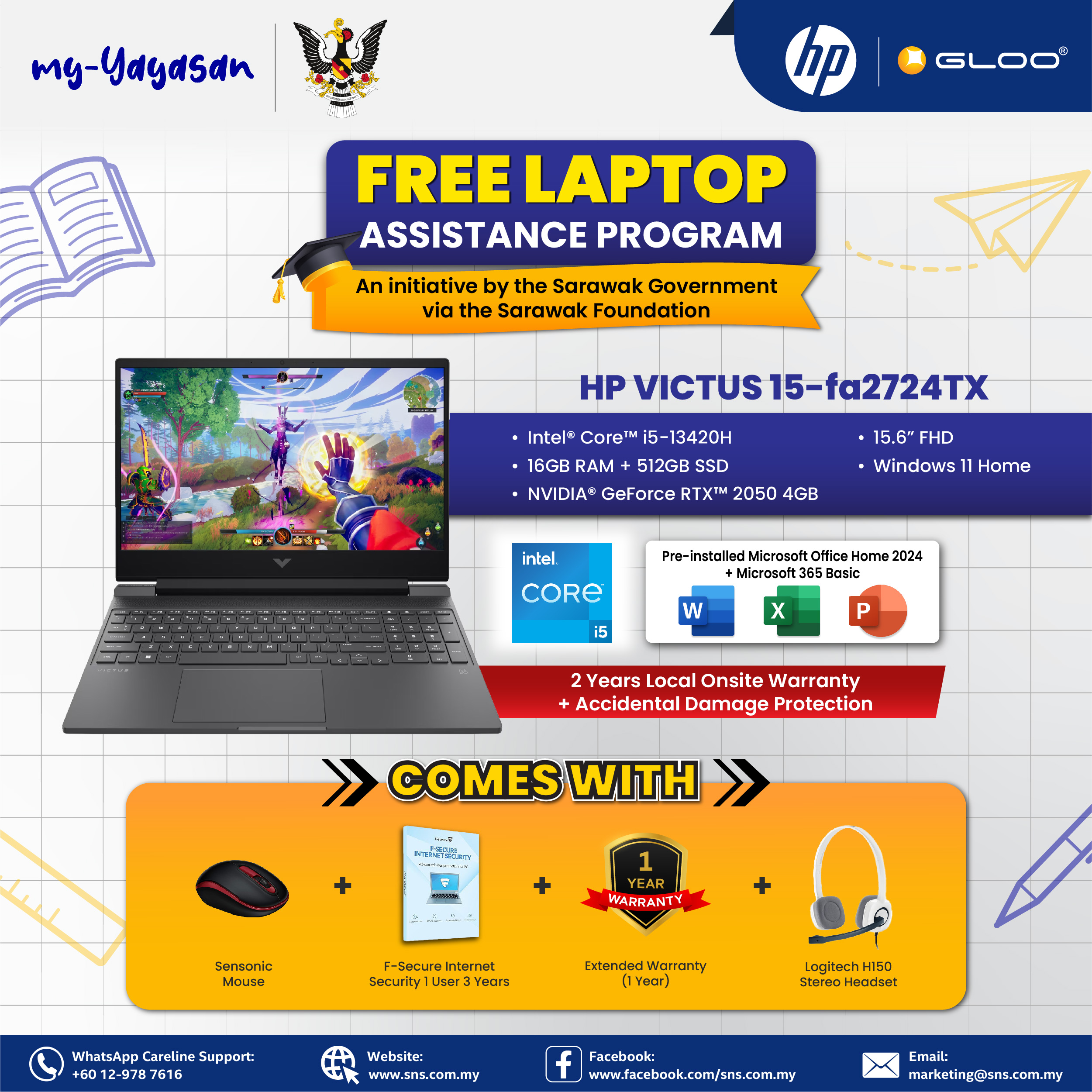 (my-Yayasan) HP Victus Gaming Laptop 15-fa2724TX 15.6'' FHD (Intel??® Core™ i5-13420H | 16GB | 512GB | NVIDIA??® GeForce RTX™ 2050 Graphics | Windows 11 Home | Preinstalled Microsoft Office Home and Student 2024 + 1 Year Office 365 Basic)