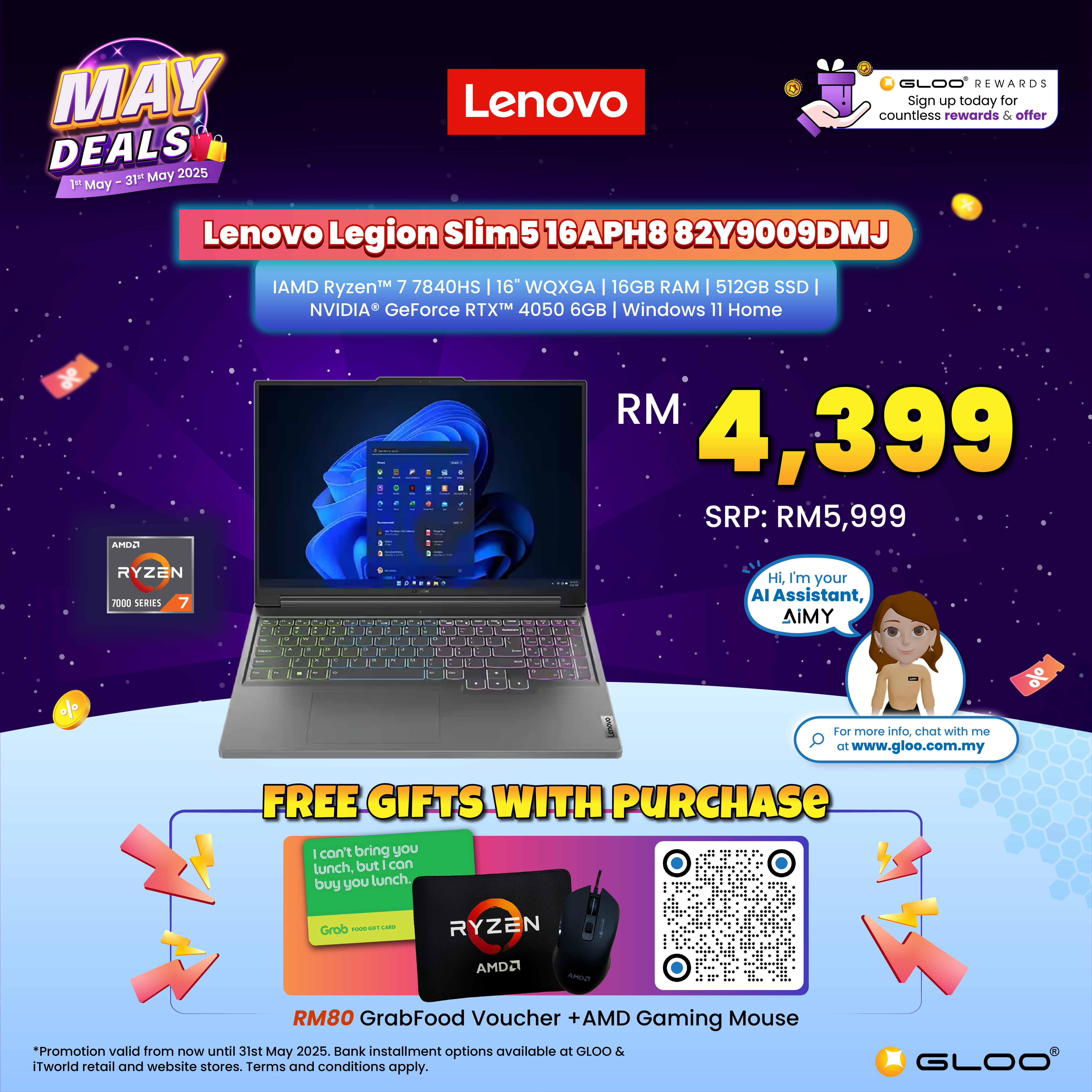 Lenovo Legion Slim 5 16APH8 82Y9009DMJ Laptop (AMD Ryzen™ 7 7840HS | 16"WQXGA | 16GB RAM | 512GB SSD | NVIDIA??® GeForce RTX™ 4050 6GB GDDR6 | Windows 11 Home)