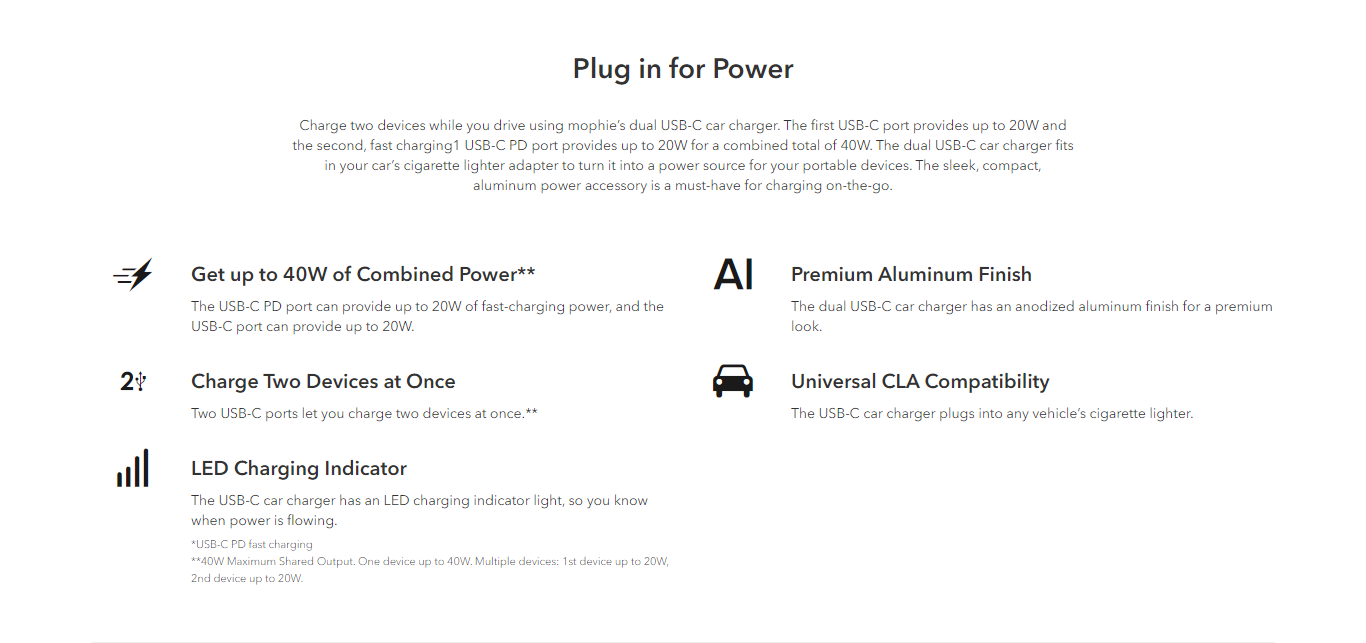 mophie Dual USB-C 40W PD Car Charger